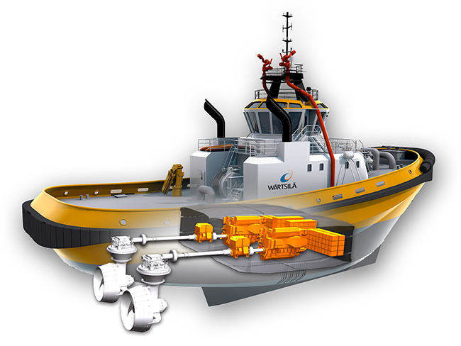 3D illustration Tug boat with Wärtsilä Hybrid