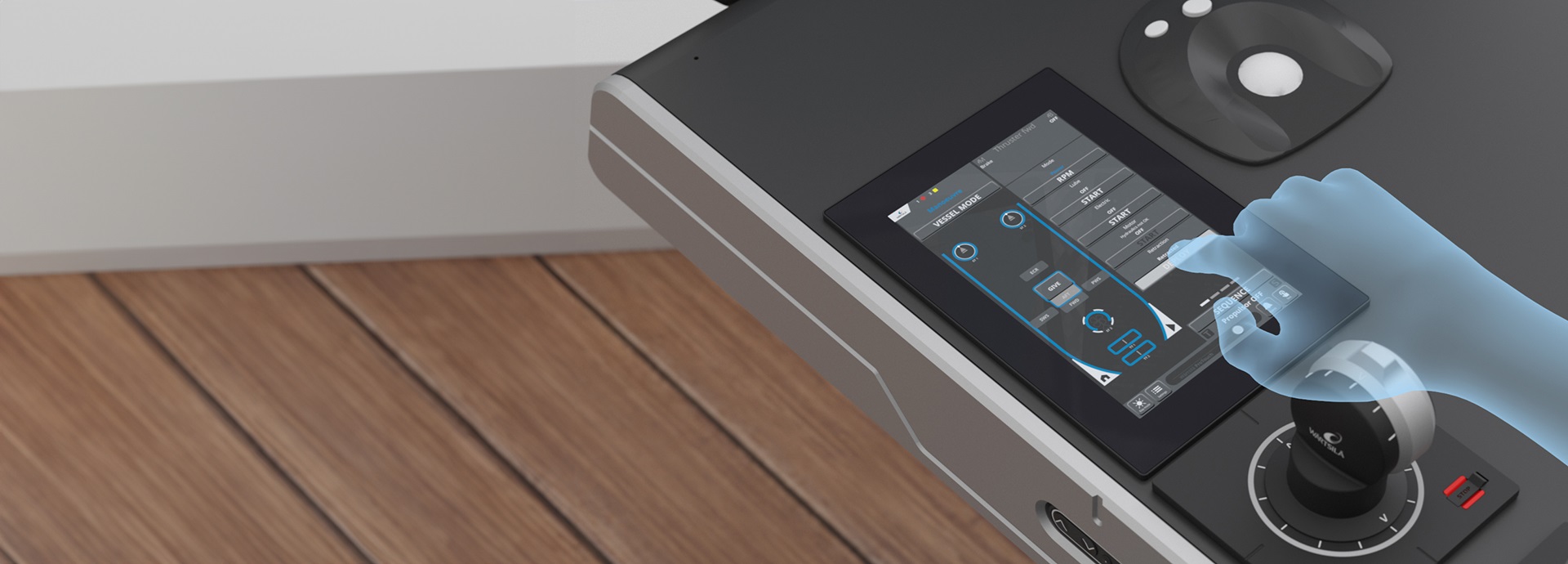 3D illustration of bridge desk with propulsion control system panel