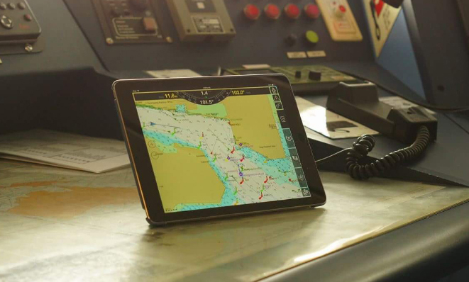 Tablet with electronic chart on a bridge